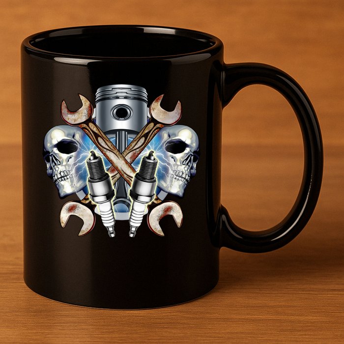 Mechanic Skulls With Wrench & Spark Plugs 11oz C Handle Ceramic Mug