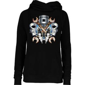 Mechanic Skulls With Wrench & Spark Plugs Womens Funnel Neck Pullover Hood