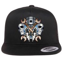 Mechanic Skulls With Wrench & Spark Plugs Flat Bill Trucker Hat