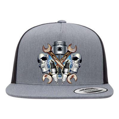 Mechanic Skulls With Wrench & Spark Plugs Flat Bill Trucker Hat