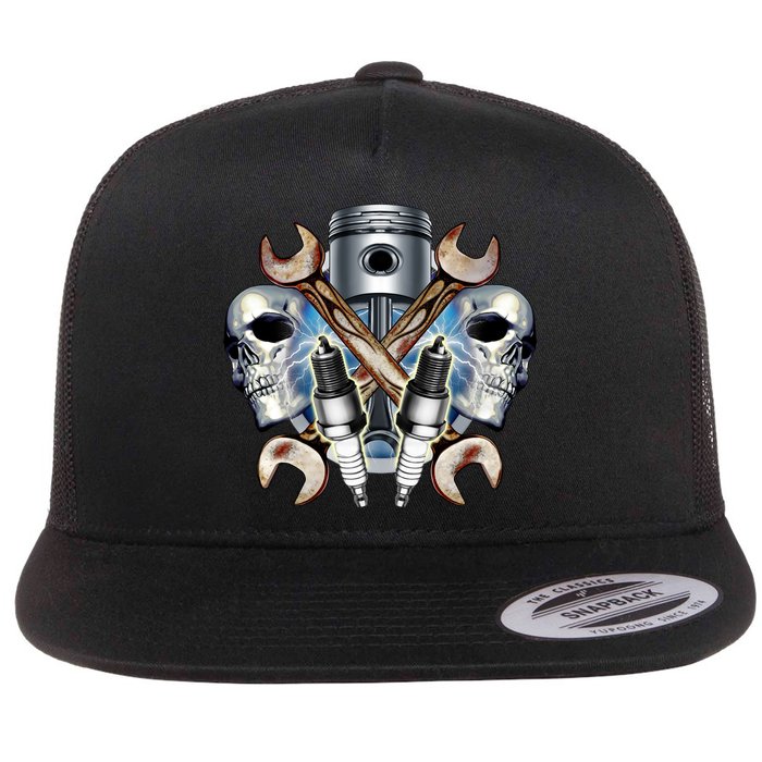 Mechanic Skulls With Wrench & Spark Plugs Flat Bill Trucker Hat