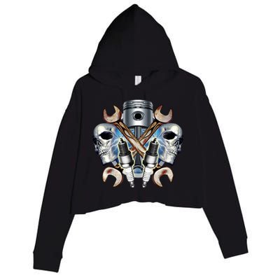 Mechanic Skulls With Wrench & Spark Plugs Crop Fleece Hoodie