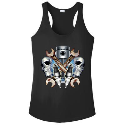 Mechanic Skulls With Wrench & Spark Plugs Ladies PosiCharge Competitor Racerback Tank