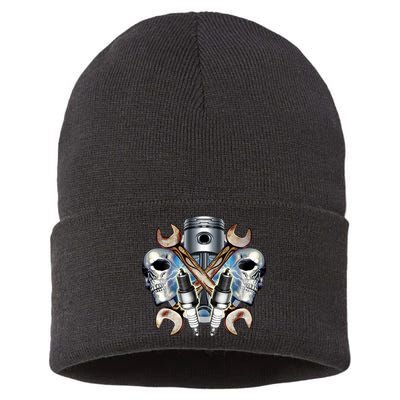 Mechanic Skulls With Wrench & Spark Plugs Sustainable Knit Beanie