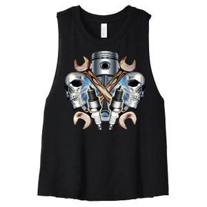 Mechanic Skulls With Wrench & Spark Plugs Women's Racerback Cropped Tank