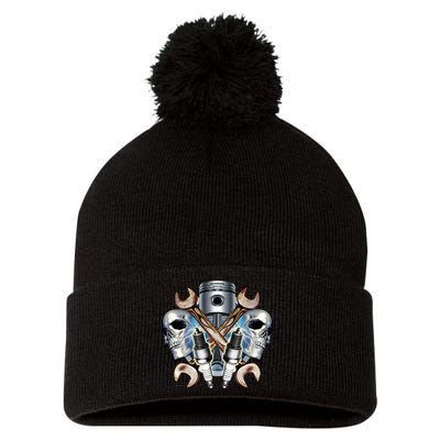 Mechanic Skulls With Wrench & Spark Plugs Pom Pom 12in Knit Beanie