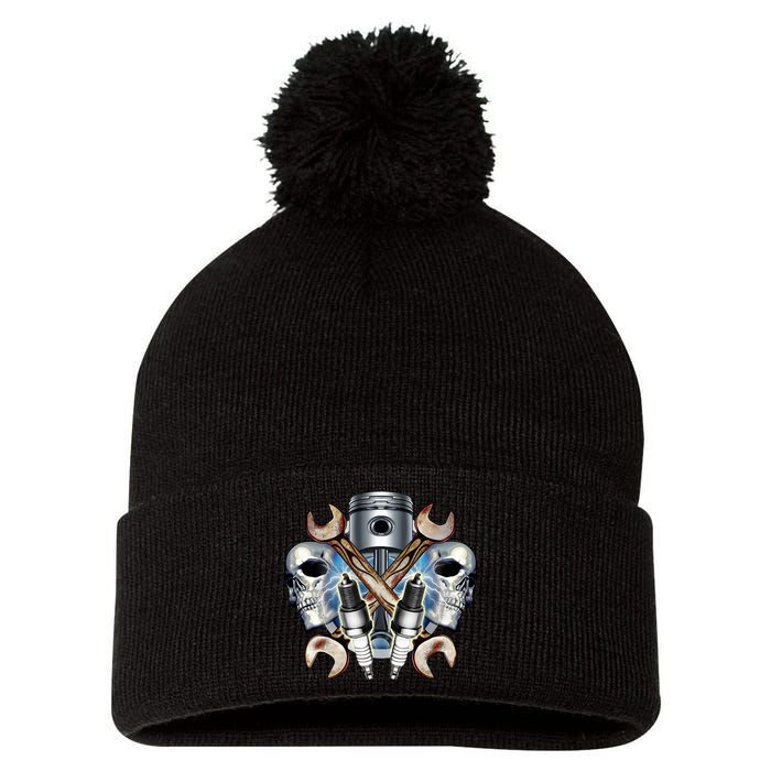 Mechanic Skulls With Wrench & Spark Plugs Pom Pom 12in Knit Beanie