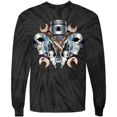 Mechanic Skulls With Wrench & Spark Plugs Tie-Dye Long Sleeve Shirt
