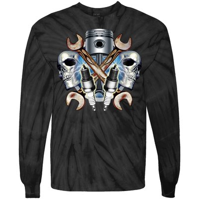 Mechanic Skulls With Wrench & Spark Plugs Tie-Dye Long Sleeve Shirt