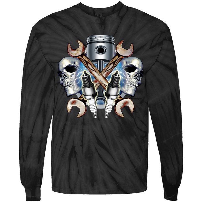 Mechanic Skulls With Wrench & Spark Plugs Tie-Dye Long Sleeve Shirt