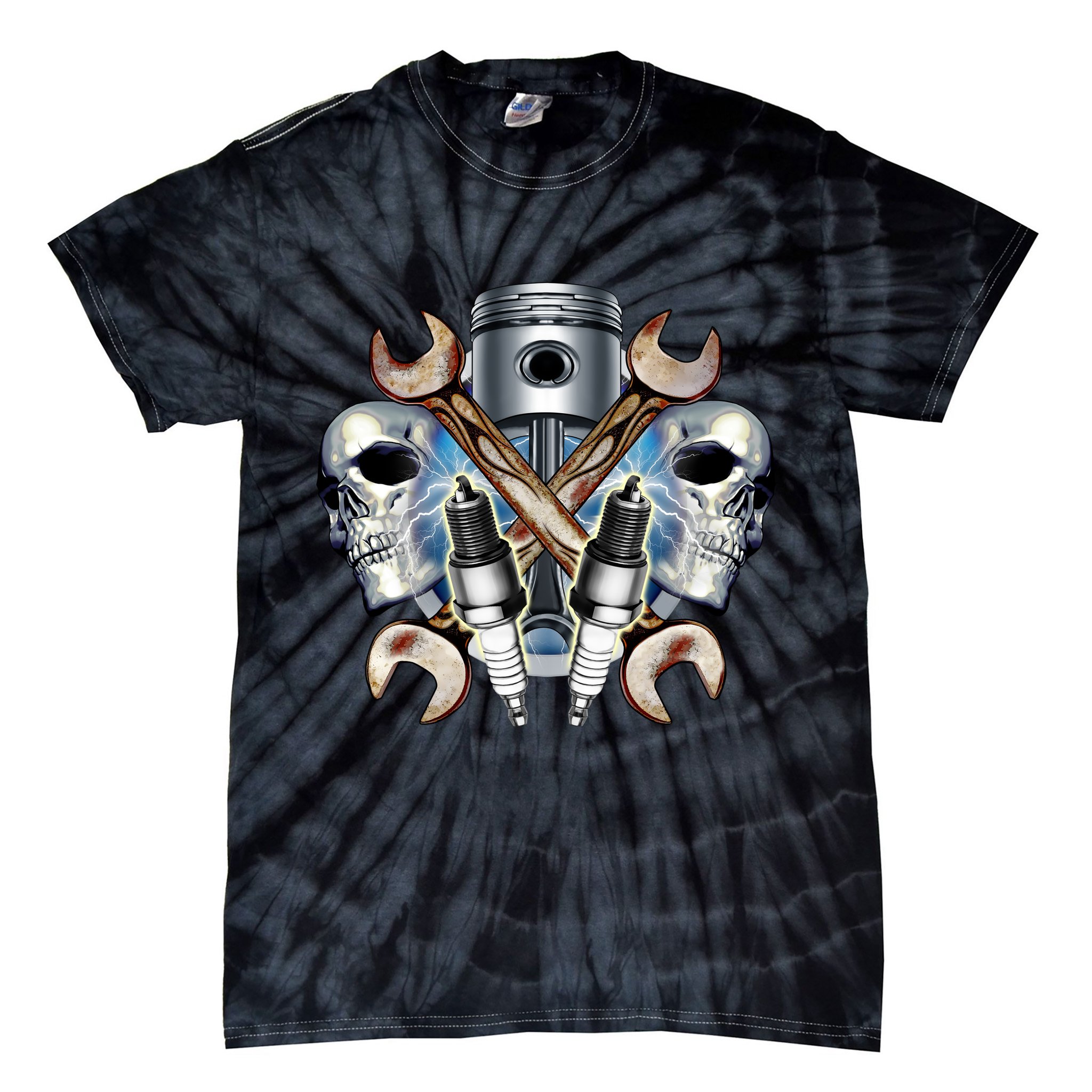 Mechanic Skulls With Wrench & Spark Plugs Tie-Dye T-Shirt