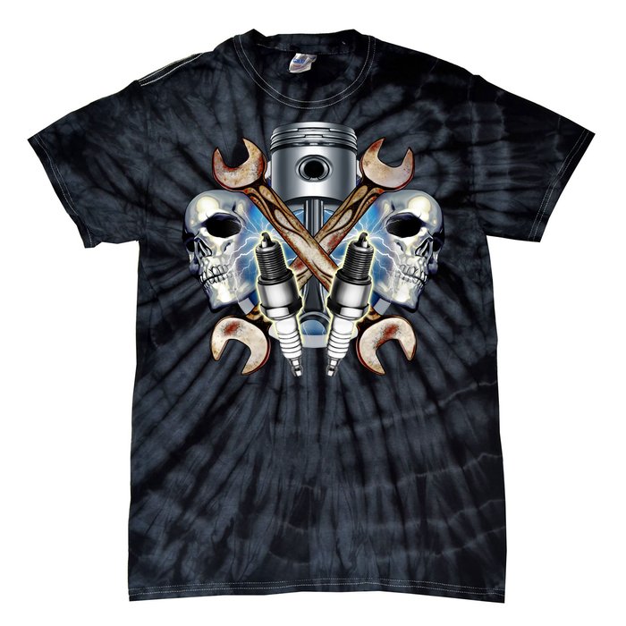 Mechanic Skulls With Wrench & Spark Plugs Tie-Dye T-Shirt