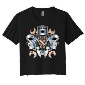 Mechanic Skulls With Wrench & Spark Plugs Women's Crop Top Tee