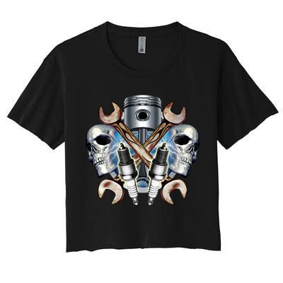 Mechanic Skulls With Wrench & Spark Plugs Crop Top