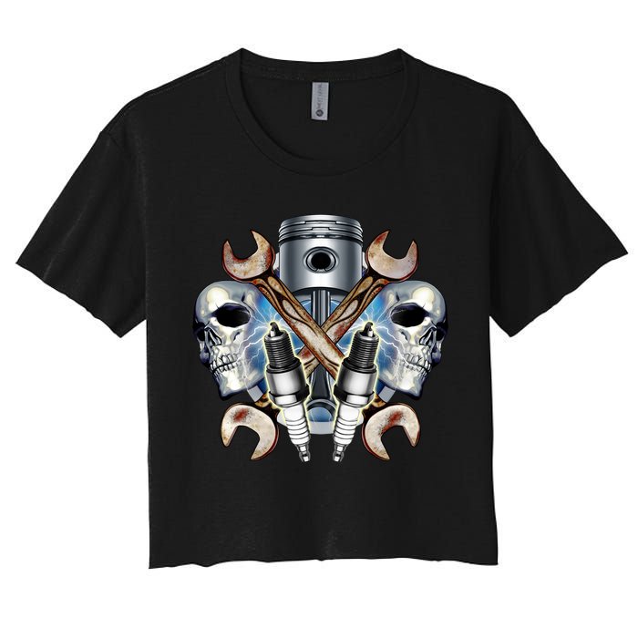 Mechanic Skulls With Wrench & Spark Plugs Crop Top