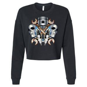 Mechanic Skulls With Wrench & Spark Plugs Cropped Pullover Crew