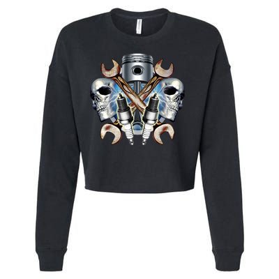 Mechanic Skulls With Wrench & Spark Plugs Cropped Pullover Crew