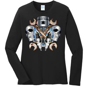 Mechanic Skulls With Wrench & Spark Plugs Ladies Long Sleeve Shirt