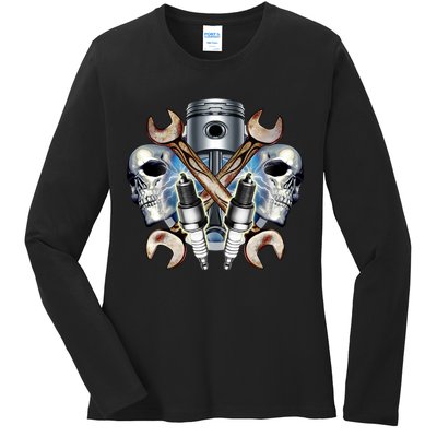 Mechanic Skulls With Wrench & Spark Plugs Ladies Long Sleeve Shirt