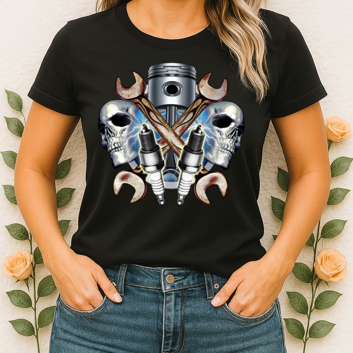 Mechanic Skulls With Wrench & Spark Plugs Womens T-Shirt