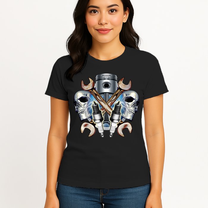 Mechanic Skulls With Wrench & Spark Plugs Womens T-Shirt