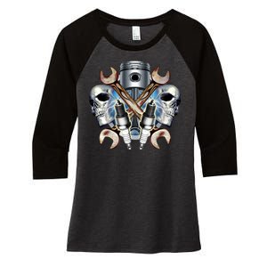 Mechanic Skulls With Wrench & Spark Plugs Women's Tri-Blend 3/4-Sleeve Raglan Shirt