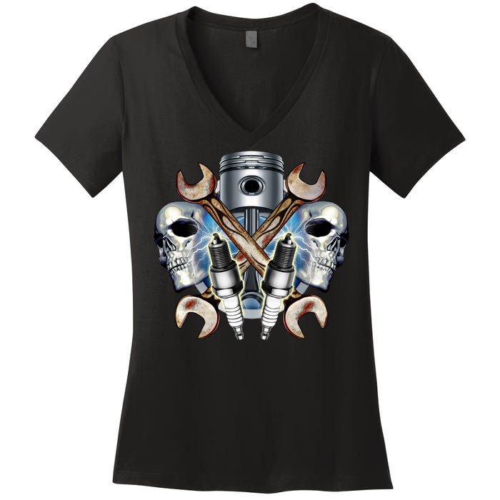 Mechanic Skulls With Wrench & Spark Plugs Women's V-Neck T-Shirt