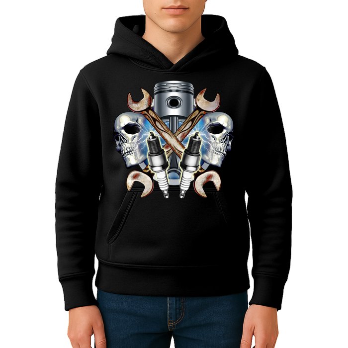 Mechanic Skulls With Wrench & Spark Plugs Kids Hoodie