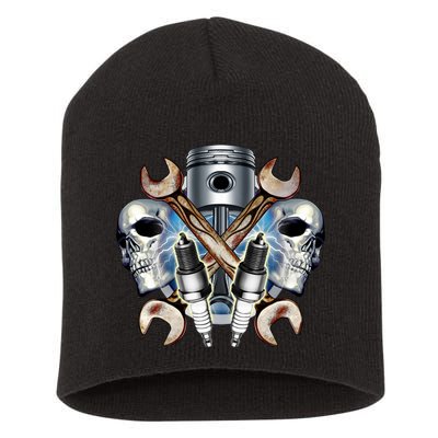 Mechanic Skulls With Wrench & Spark Plugs Short Acrylic Beanie