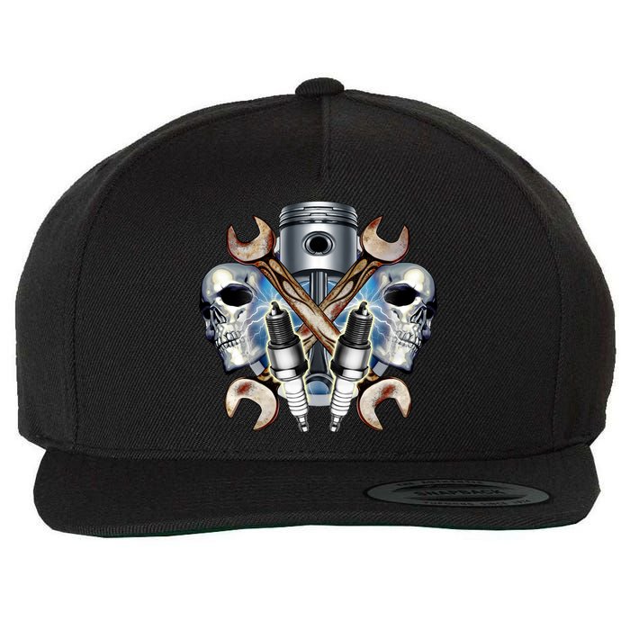 Mechanic Skulls With Wrench & Spark Plugs Wool Snapback Cap