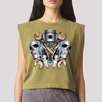 Mechanic Skulls With Wrench & Spark Plugs Garment-Dyed Women's Muscle Tee