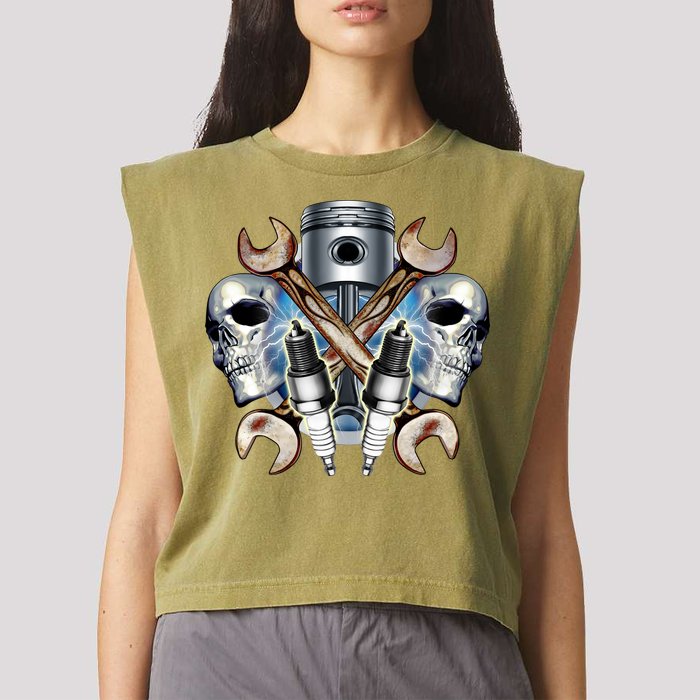 Mechanic Skulls With Wrench & Spark Plugs Garment-Dyed Women's Muscle Tee