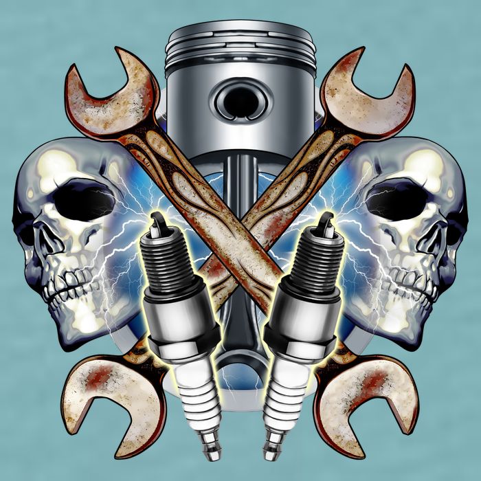 Mechanic Skulls With Wrench & Spark Plugs Sueded Cloud Jersey T-Shirt