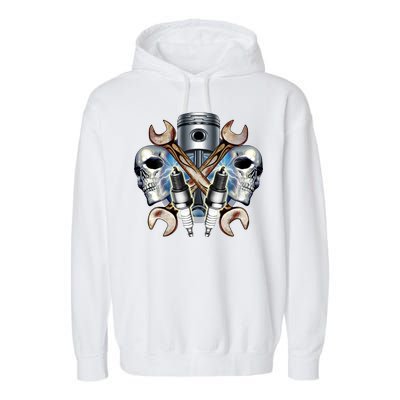 Mechanic Skulls With Wrench & Spark Plugs Garment-Dyed Fleece Hoodie