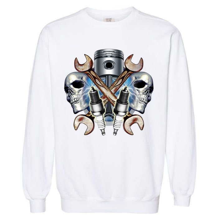 Mechanic Skulls With Wrench & Spark Plugs Garment-Dyed Sweatshirt