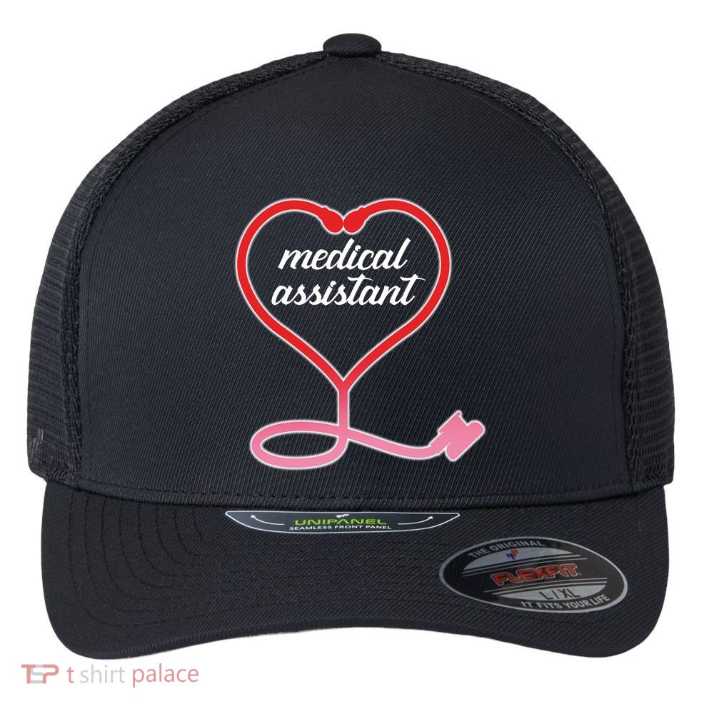 Medical Assistant Stethoscope Heart Flexfit Unipanel Trucker Cap