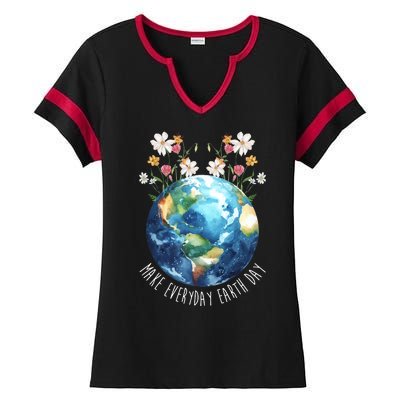 Make Everyday Earth Day Floral Globe Awareness Ladies Halftime Notch Neck Tee