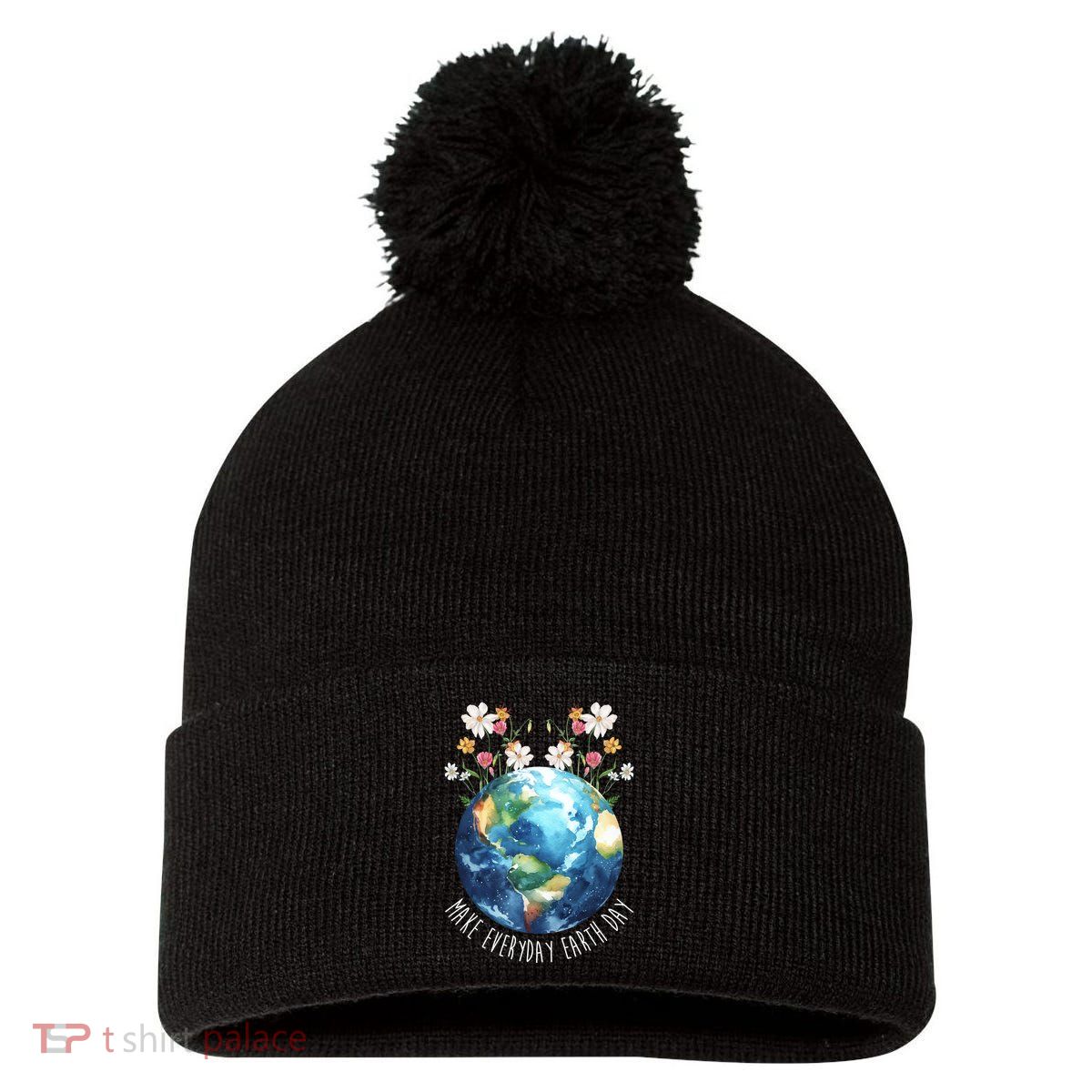 Make Everyday Earth Day Floral Globe Awareness Pom Pom 12in Knit Beanie