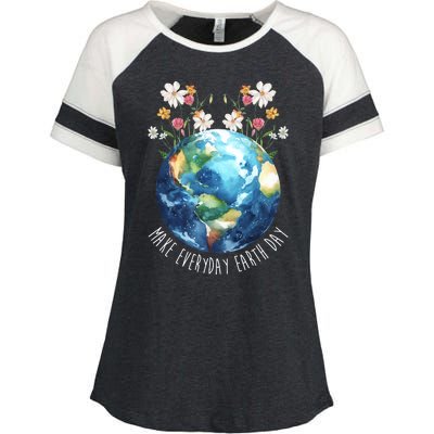 Make Everyday Earth Day Floral Globe Awareness Enza Ladies Jersey Colorblock Tee