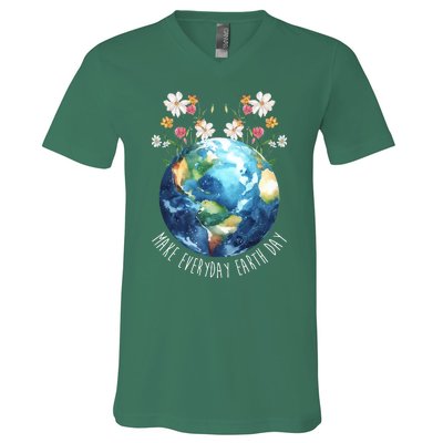 Make Everyday Earth Day Floral Globe Awareness V-Neck T-Shirt