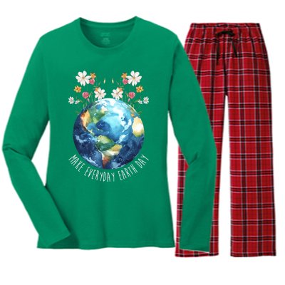 Make Everyday Earth Day Floral Globe Awareness Women's Long Sleeve Flannel Pajama Set 