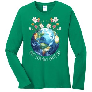 Make Everyday Earth Day Floral Globe Awareness Ladies Long Sleeve Shirt