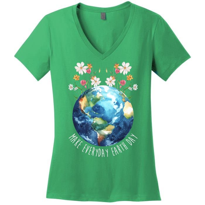 Make Everyday Earth Day Floral Globe Awareness Women's V-Neck T-Shirt