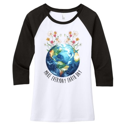 Make Everyday Earth Day Floral Globe Awareness Women's Tri-Blend 3/4-Sleeve Raglan Shirt