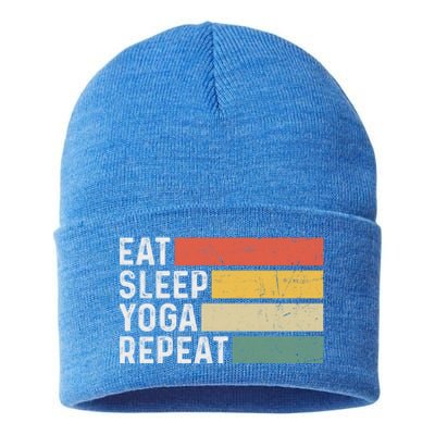 Meditation Exercise Funny Vintage Gift Eat Sleep Yoga Repeat Gift Sustainable Knit Beanie