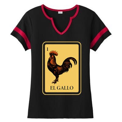 Mexican El Gallo Bingo Card Game Traditional Rooster Ladies Halftime Notch Neck Tee