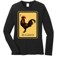 Mexican El Gallo Bingo Card Game Traditional Rooster Ladies Long Sleeve Shirt