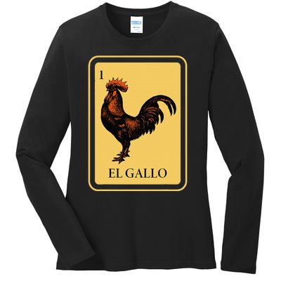 Mexican El Gallo Bingo Card Game Traditional Rooster Ladies Long Sleeve Shirt