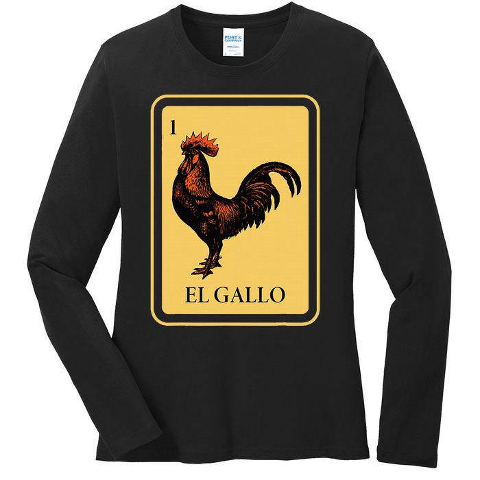 Mexican El Gallo Bingo Card Game Traditional Rooster Ladies Long Sleeve Shirt