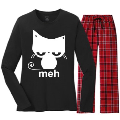 Meh Cat Funny Meme Women's Long Sleeve Flannel Pajama Set 